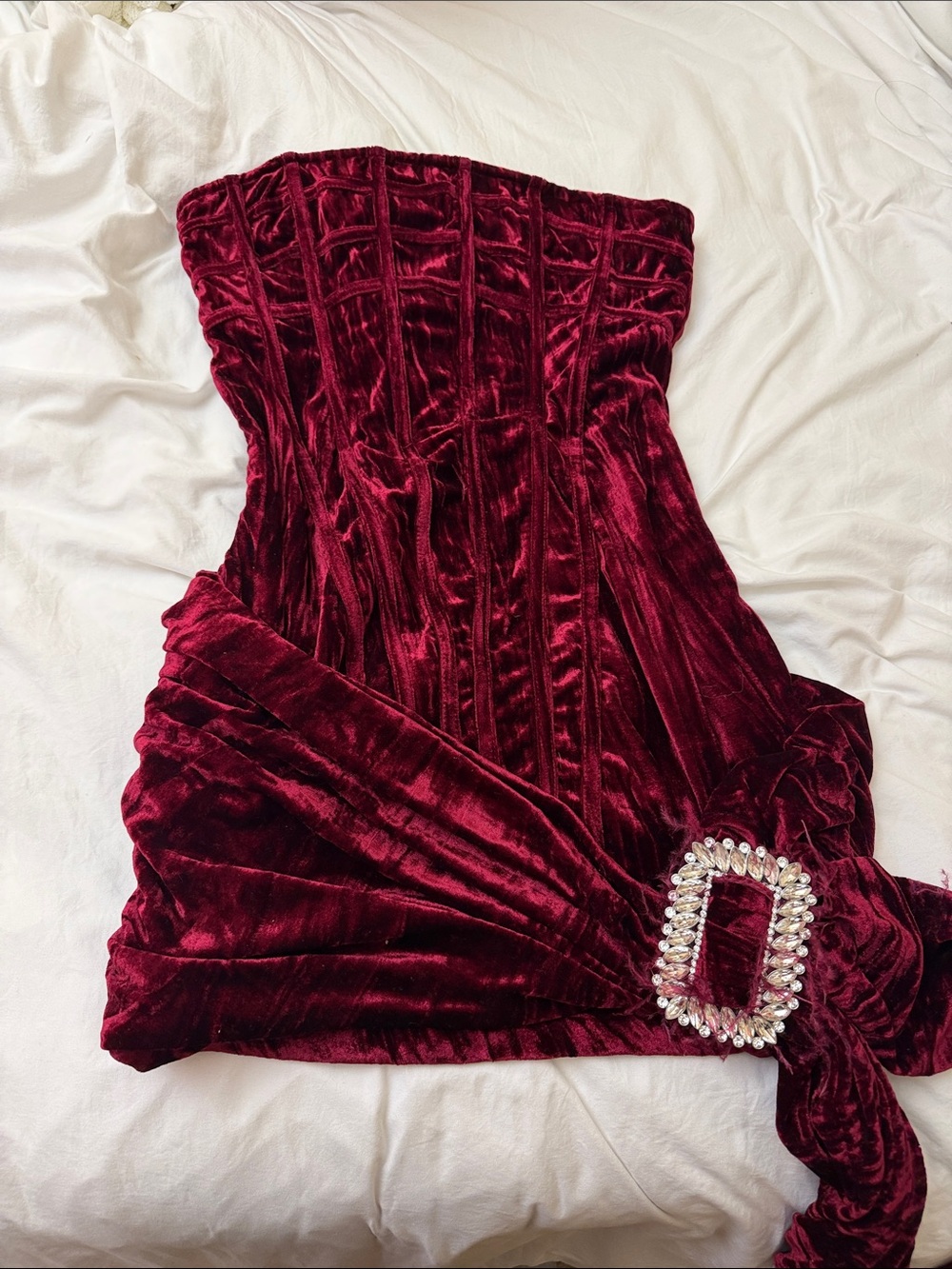 Velvet Strapless Burgundy Corset Dress with Jeweled Buckle